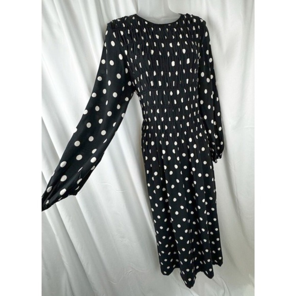 H&M Polka Dot Smocked Midi Dress Black White Long Sleeve M Rockabilly Chic 51-29 - Picture 2 of 15